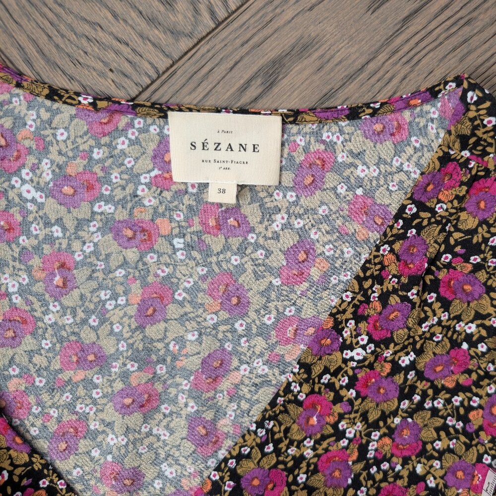 Sezane Black Floral Midi Dress with Pink & Green Print - Picture 3 of 5